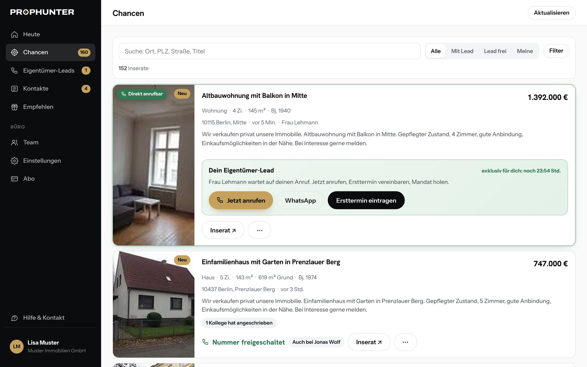 PropHunter Chancen: neue Privatinserate mit Telefonnummer, Eigentümer-Lead exklusiv für 24 Stunden