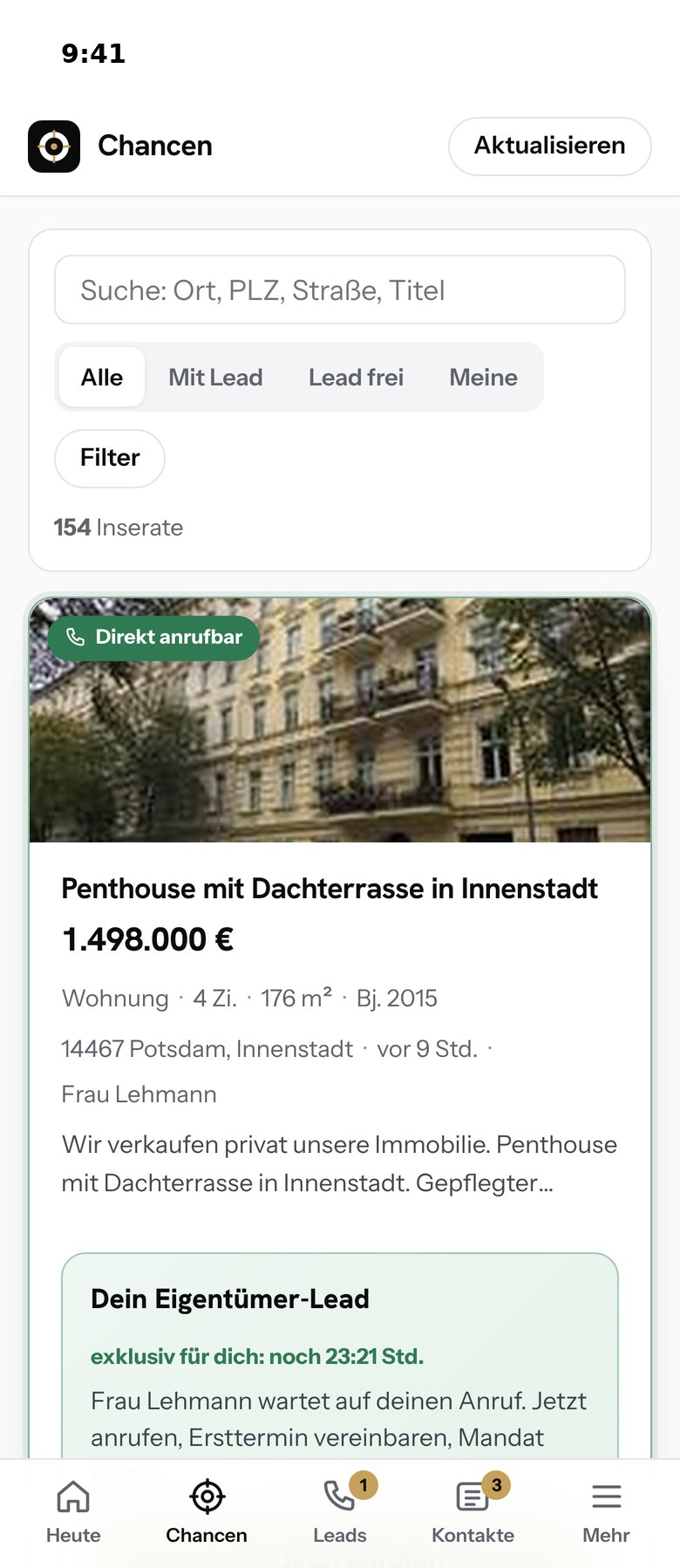 Chancen-Liste in PropHunter mit neuen Privatinseraten